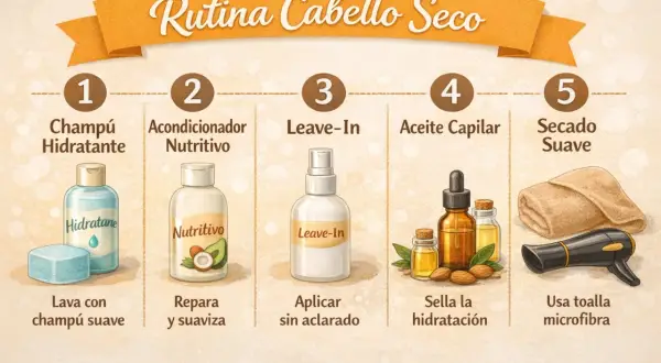 Rutina para cabello seco: champú, acondicionador, leave-in, aceite y secado suave. Una guía para mejorar la forma de pelo.