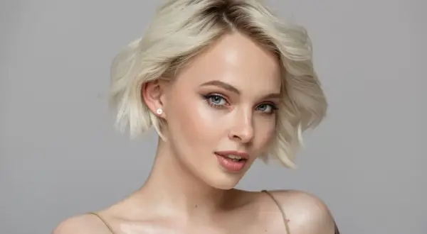 Mujer joven con piel blanca, ojos marrones y cabello rubio platino.