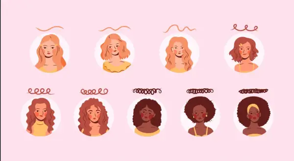 Ilustración de mujeres con diferentes tipos de cabello: liso, ondulado y rizado.