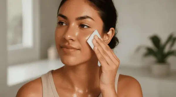 Mujer aplicando tónico en su rostro, parte de su rutina piel grasa.