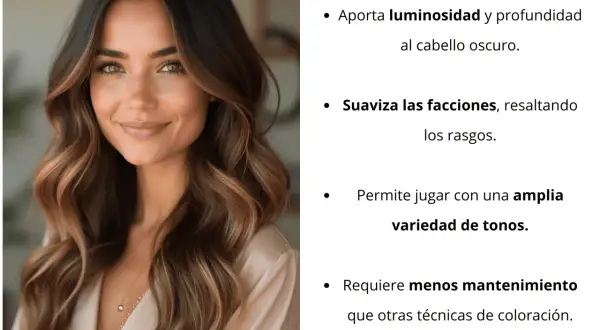 Mujer con cabello oscuro y reflejos miel, mostrando que es un balayage que aporta luminosidad y suaviza facciones.