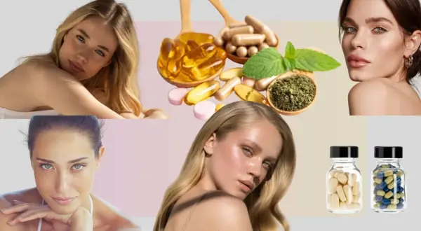 Mujeres con piel radiante junto a suplementos, incluyendo cápsulas y pastillas, sugiriendo beneficios para la piel, como el magnesio para la piel.