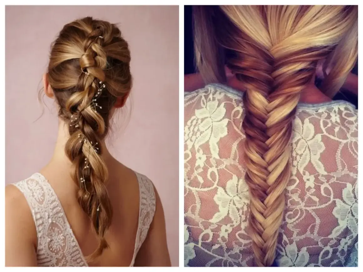Dos peinados de boda: trenza con perlas y trenza de espiga.
