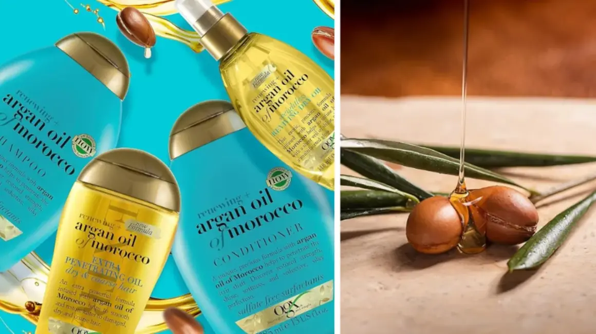 Botellas de champú, acondicionador y aceite de argán, destacando sus propiedades para el cabello. Gotas de aceite dorado fluyen sobre frutos secos de argán.