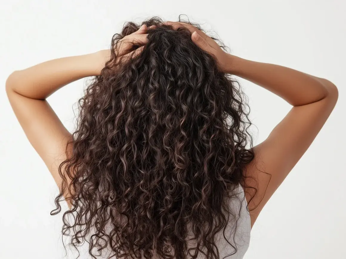 Mujer con pelo crespo oscuro y voluminoso, con las manos en la cabeza, mostrando la textura natural de su cabello.