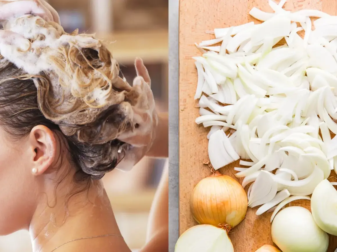 Cabello con espuma y cebollas cortadas. Descubre las champu de cebolla propiedades para un cabello fuerte y saludable.