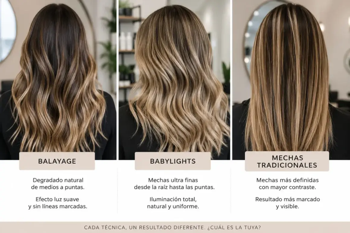 Tres estilos de cabello: balayage rubio degradado, babylights finas y mechas tradicionales marcadas.