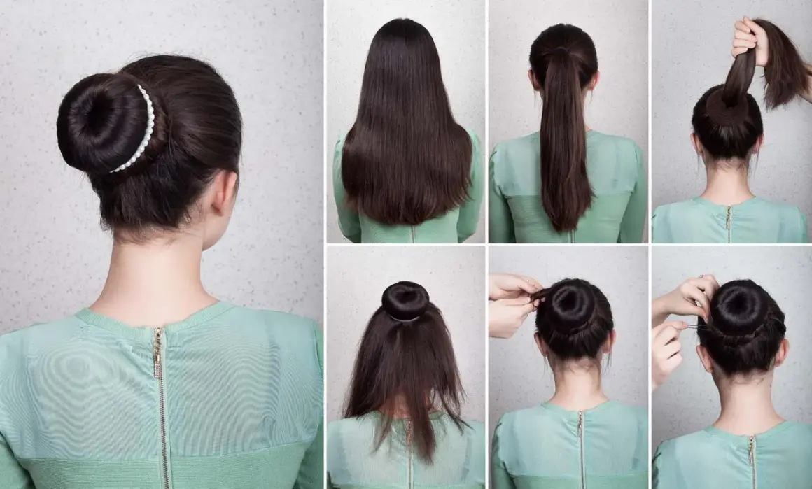 Tutorial paso a paso para crear un moño alto elegante. Cabello recogido en coleta, enrollado y asegurado con horquillas.