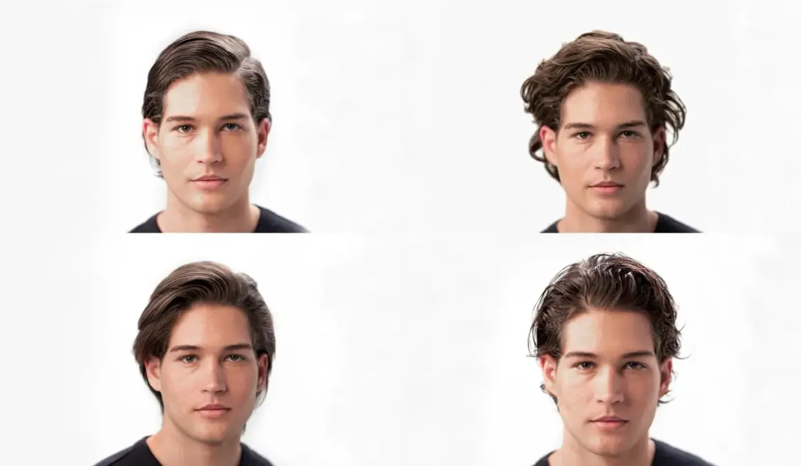 Hombre con pelo liso a rizado en cuatro estilos diferentes.