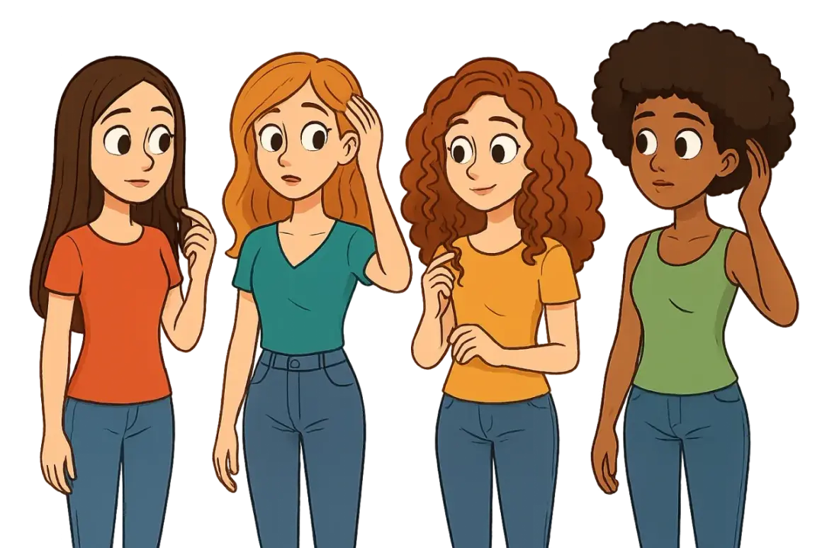 Cuatro chicas con diferentes tipos de cabello: liso, ondulado, rizado y afro. ¿Cómo saber qué tipo de pelo tengo? Test.
