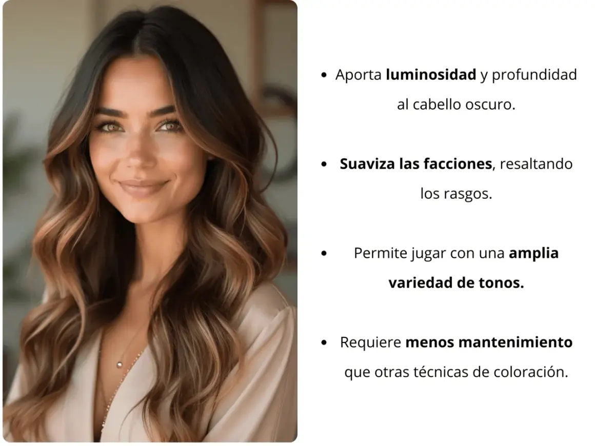 Mujer con cabello oscuro y reflejos miel, mostrando que es un balayage que aporta luminosidad y suaviza facciones.