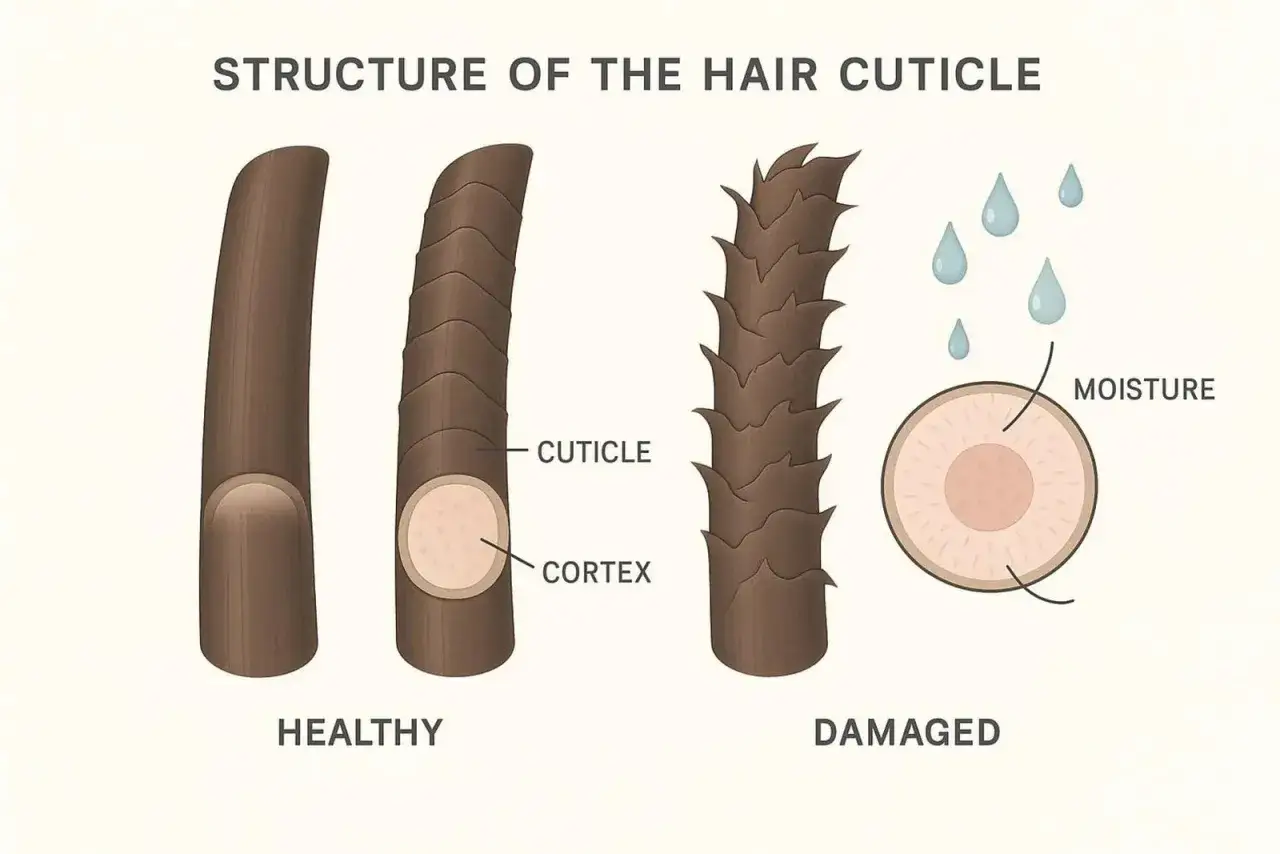 Comparaci&oacute;n de la cut&iacute;cula del pelo sano y da&ntilde;ado. El pelo sano tiene una cut&iacute;cula lisa, mientras que el da&ntilde;ado muestra escamas levantadas y p&eacute;rdida de humedad.