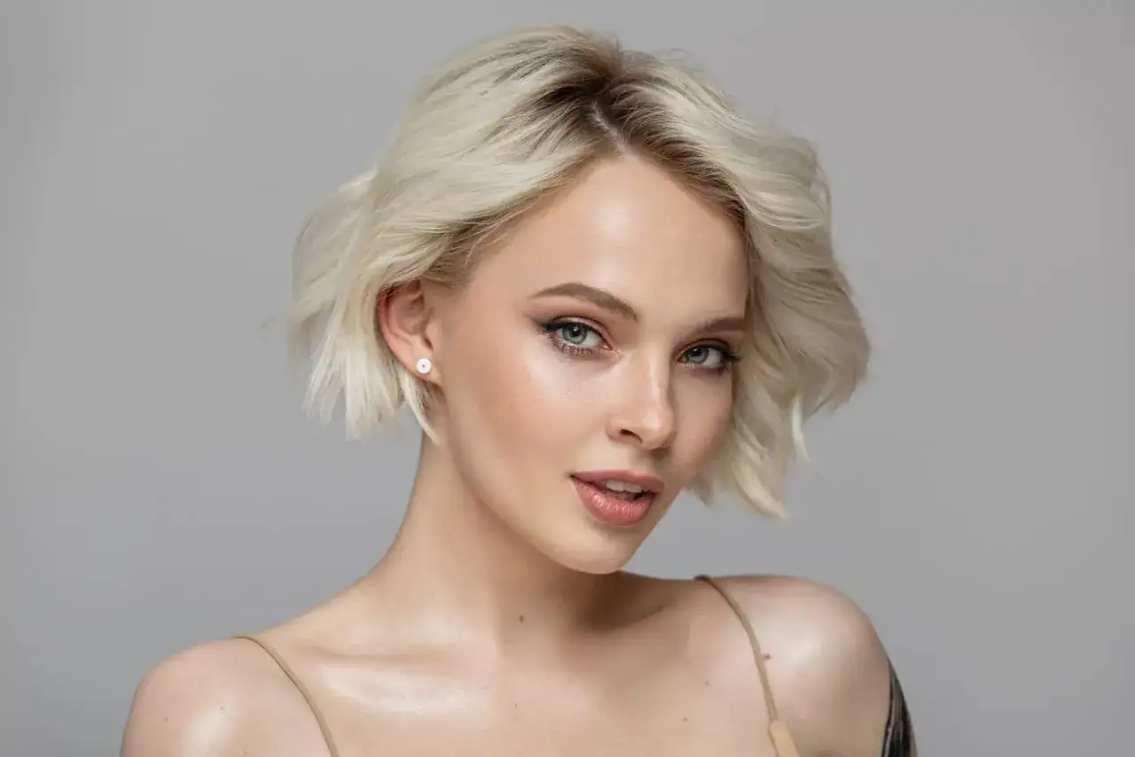 Mujer joven con piel blanca, ojos marrones y cabello rubio platino.