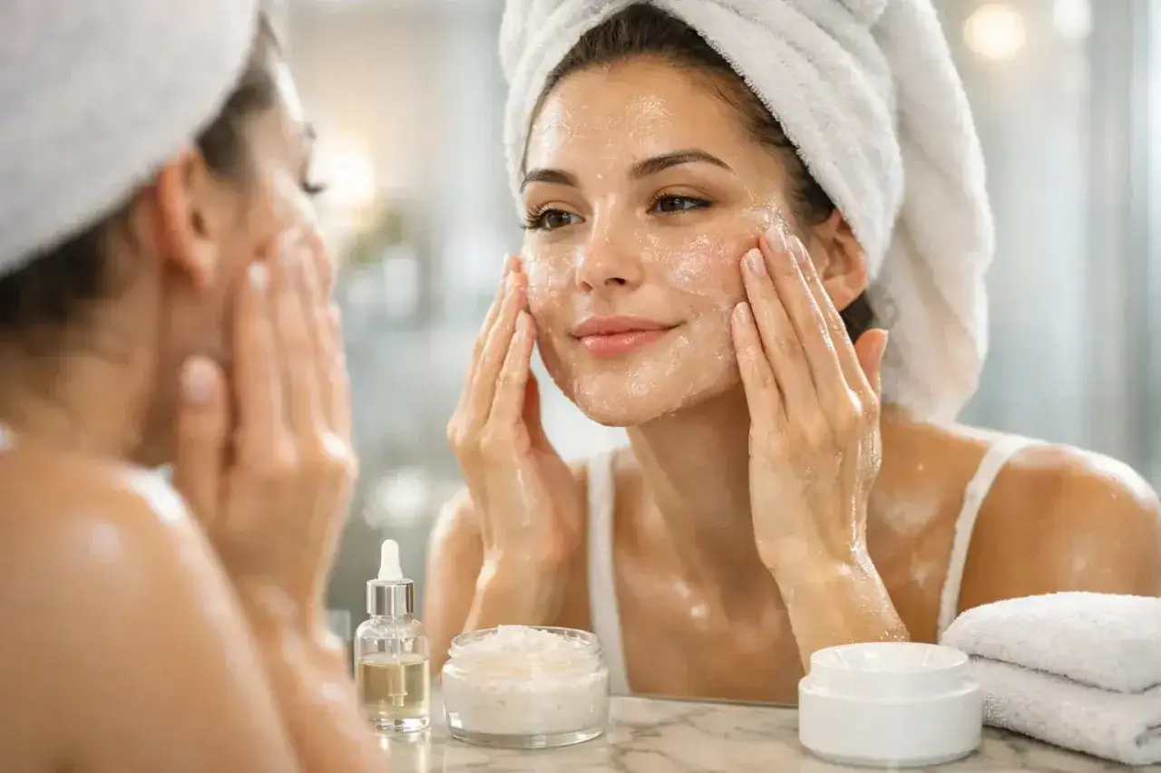 Una mujer se aplica exfoliante facial, mostrando para que sirve el exfoliante facial: piel radiante y suave.