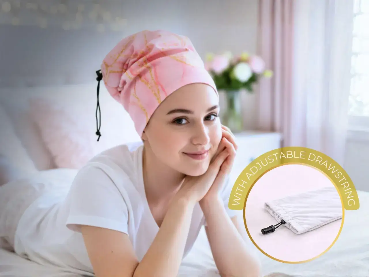Descubre cómo dormir con el pelo rizado luciendo esta gorra rosa con cordón ajustable.