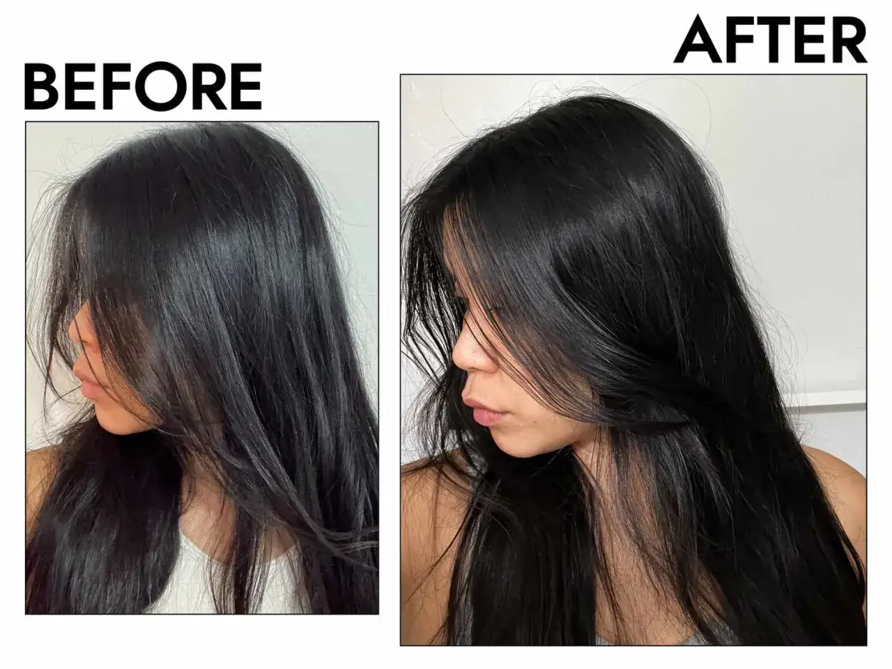 Antes y despu&eacute;s de un ba&ntilde;o de brillo para el pelo. El cabello oscuro luce m&aacute;s sedoso y radiante.