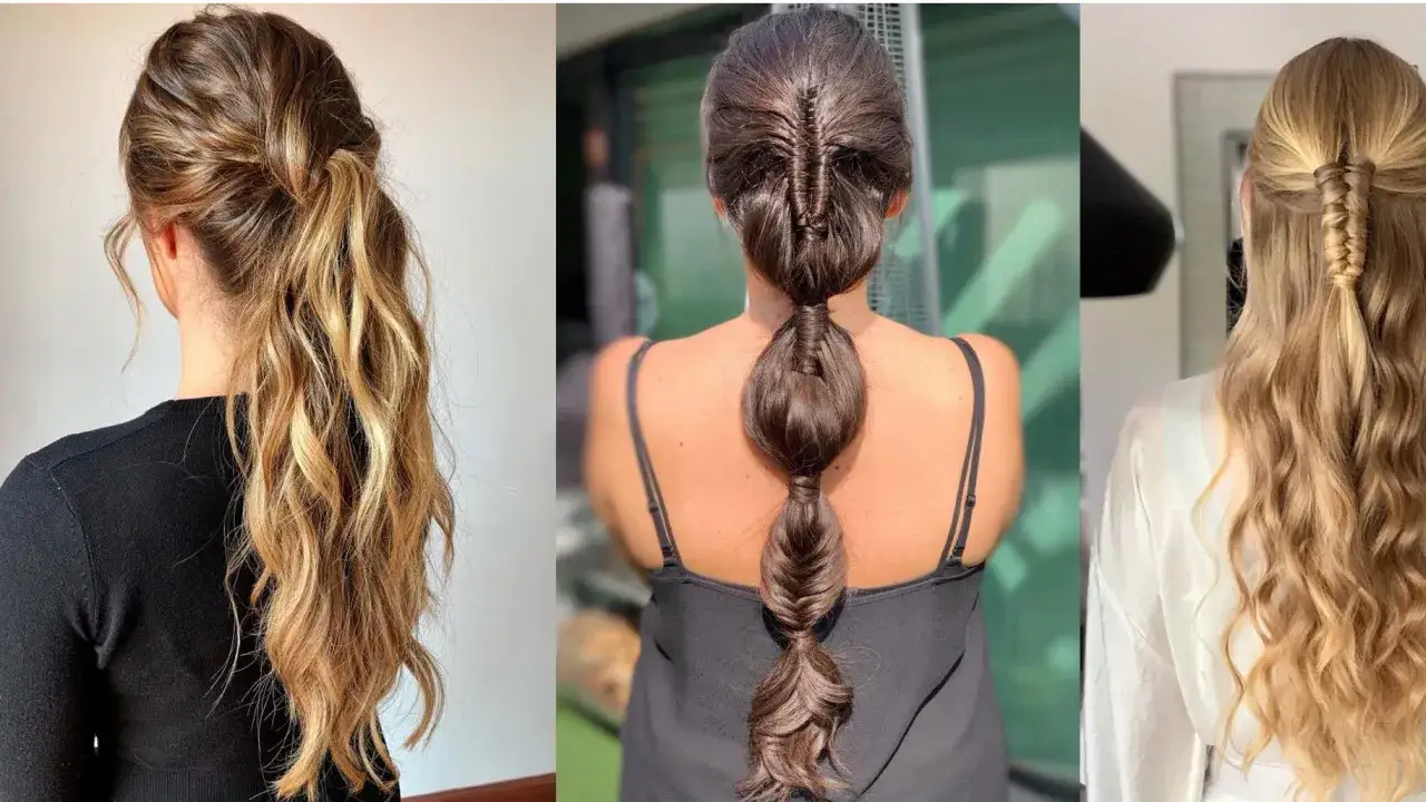 Peinados fáciles para bodas pelo largo: coleta baja con trenza, cola de burbujas y media coleta trenzada.