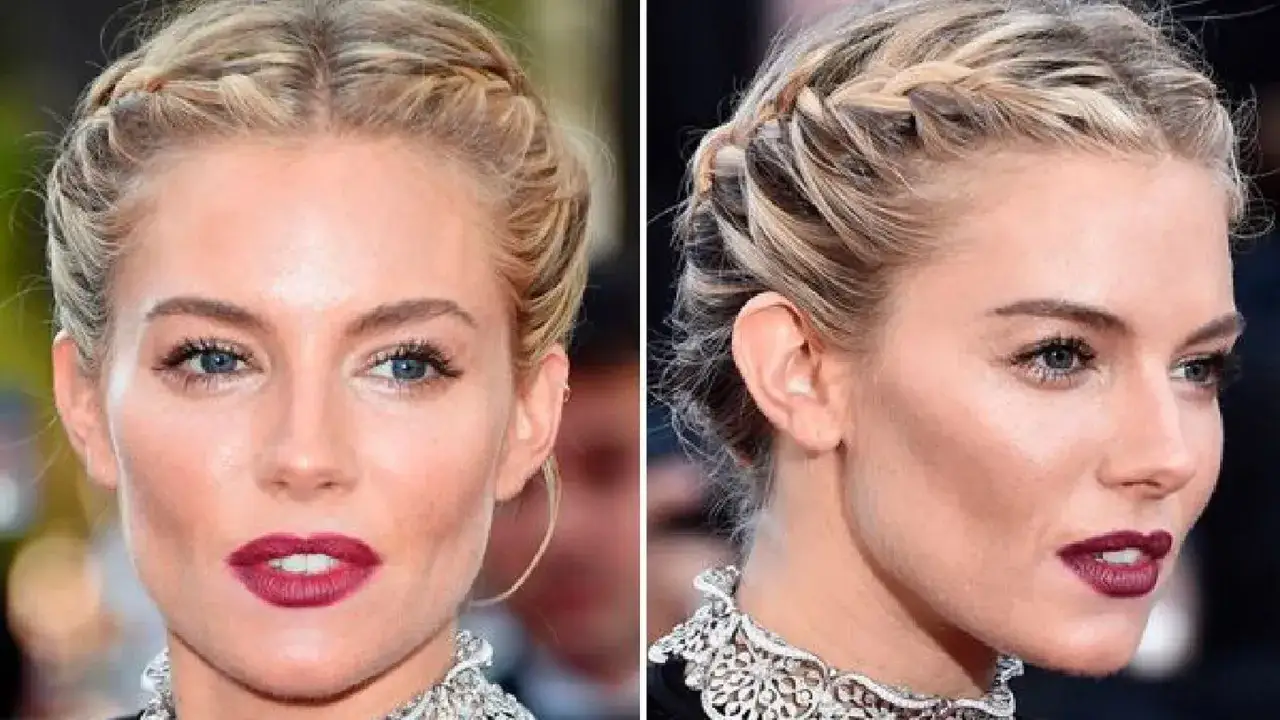 Peinados melena corta boda: trenzas de corona en rubia con labios oscuros.