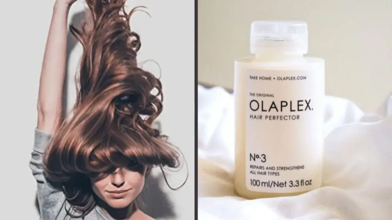 Mujer con pelo deshidratado y un frasco de Olaplex Hair Perfector N°3.