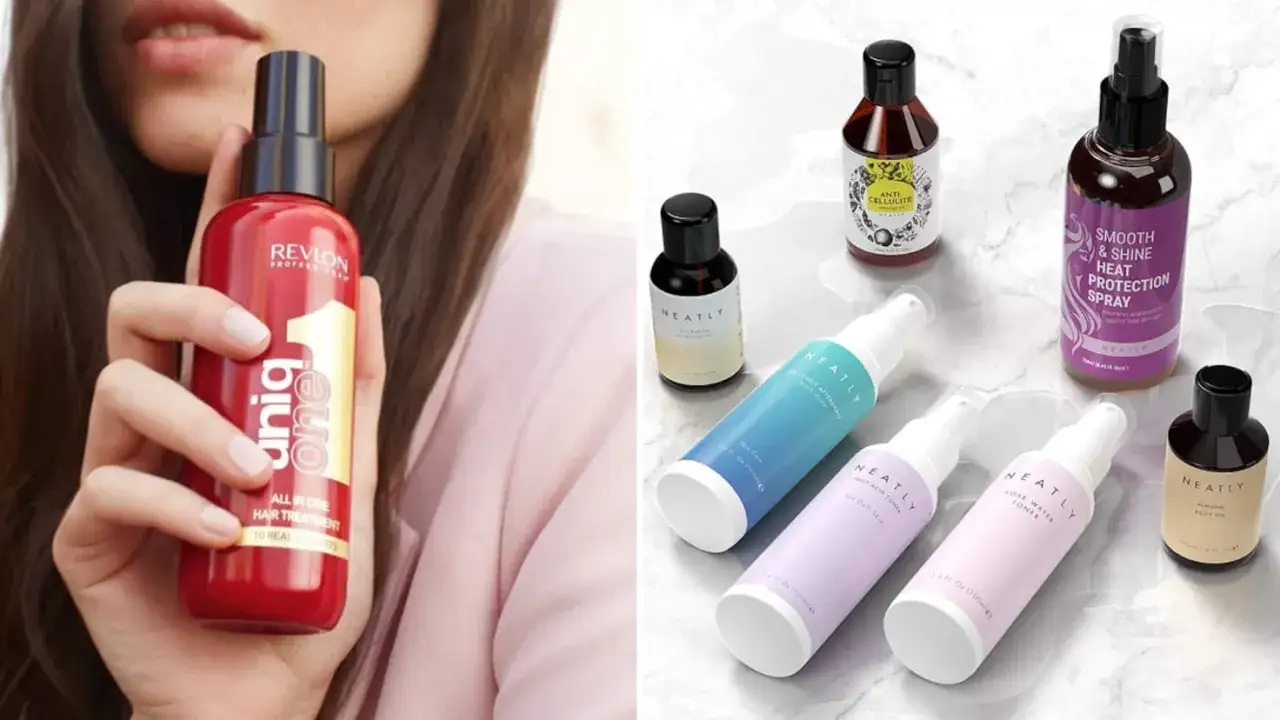 Un frasco rojo de Revlon Uniq One y varios productos Neatily, como un spray protector de calor. El sol aclara el pelo, dejándolo radiante.