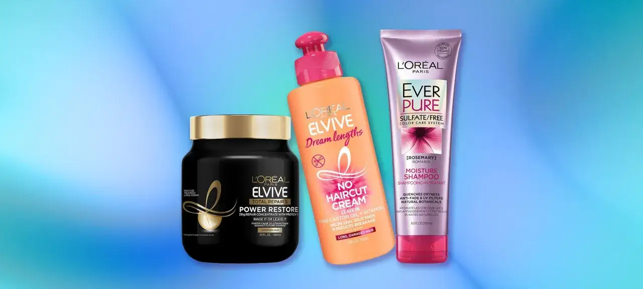 Tres productos L'Oréal para tratar el pelo seco del hombre: mascarilla, crema sin aclarado y champú hidratante.