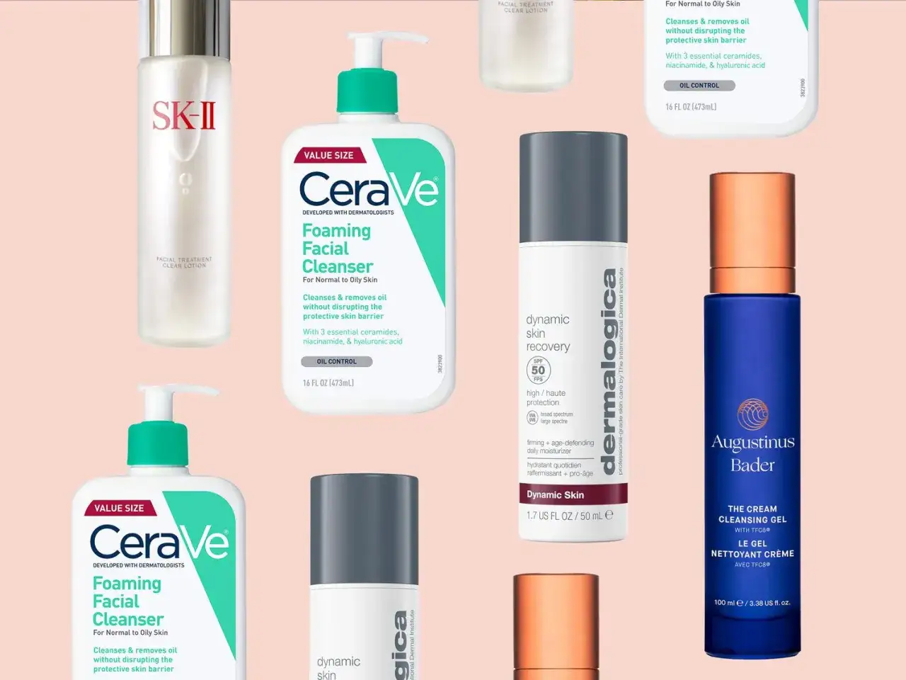 Variedad de productos de cuidado facial, incluyendo limpiadores y lociones, para ayudar a quitar arrugas y mejorar la piel.