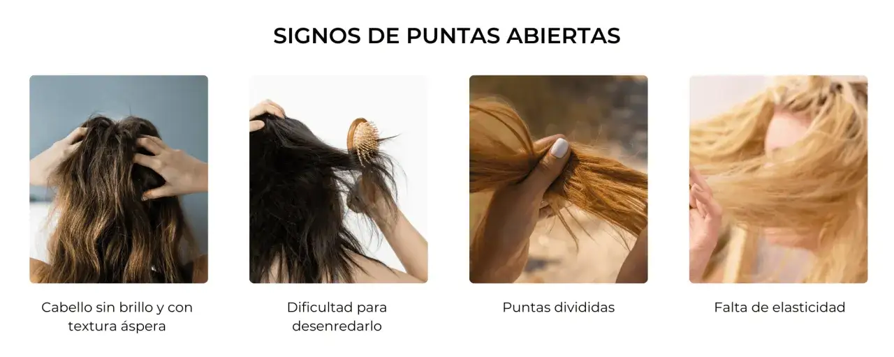 Manos enredando cabello seco y áspero, mostrando puntas abiertas y pelo roto y encrespado.