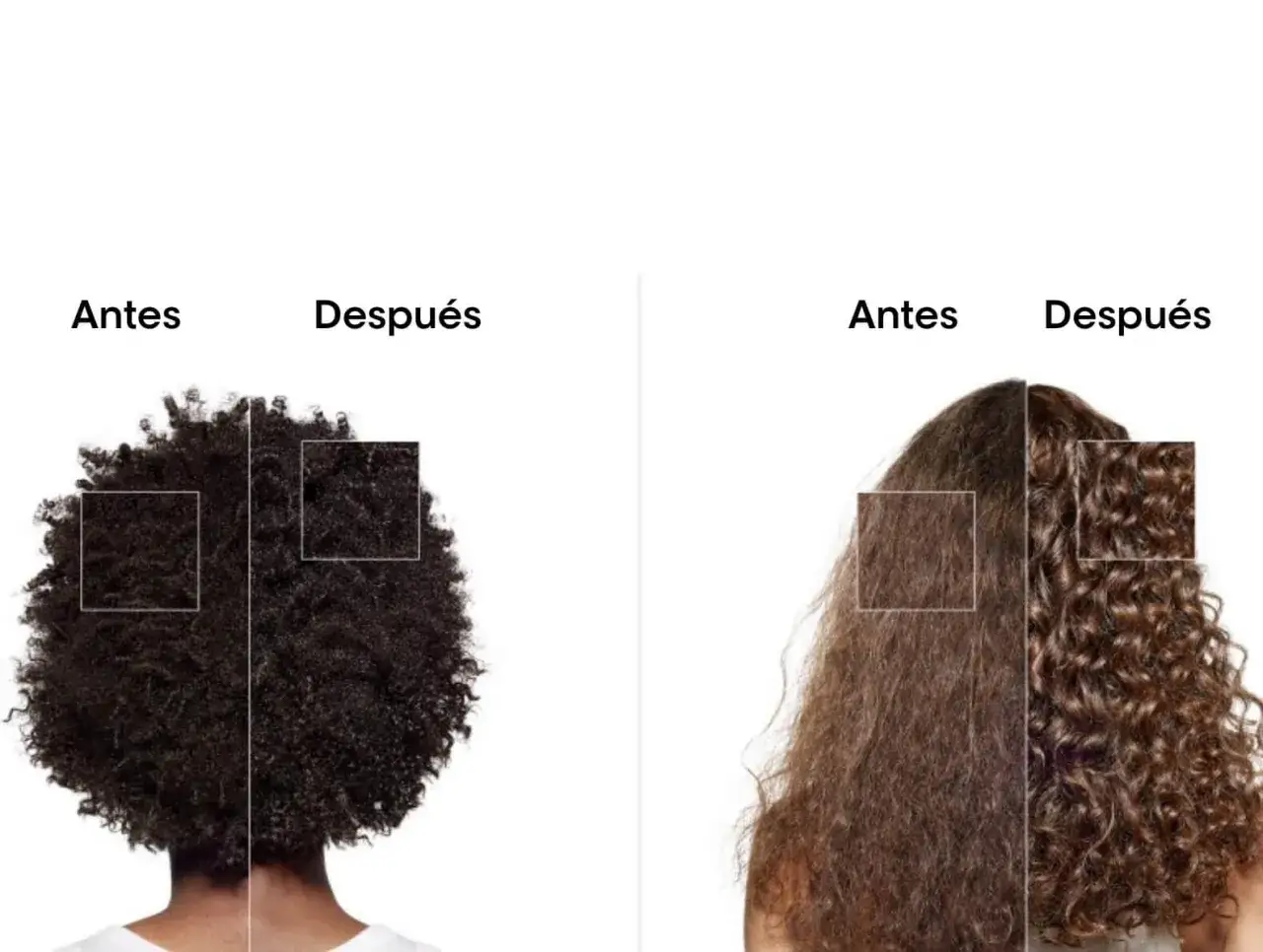 Antes y despu&eacute;s de un tratamiento para pelo que se rompe. Cabello rizado y liso transformado.
