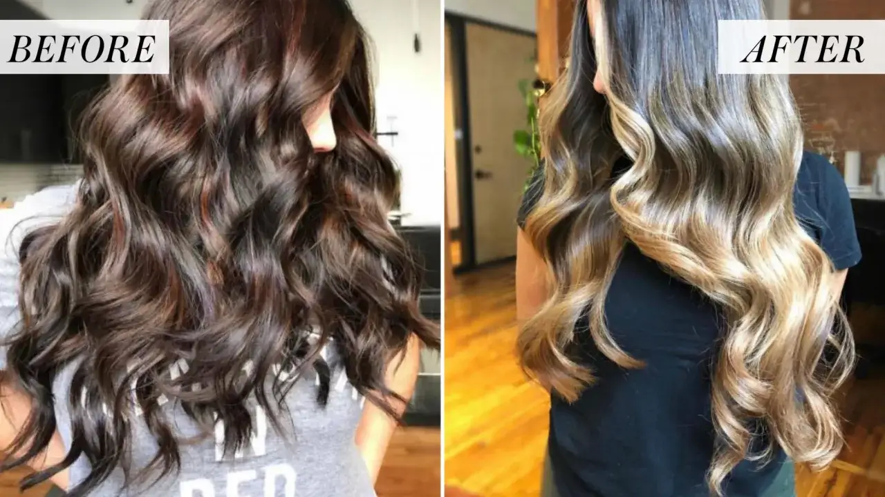 Antes y después de un cambio de look. Cabello oscuro transformado a rubio degradado, mostrando cómo quitar el tinte del pelo para un resultado espectacular.
