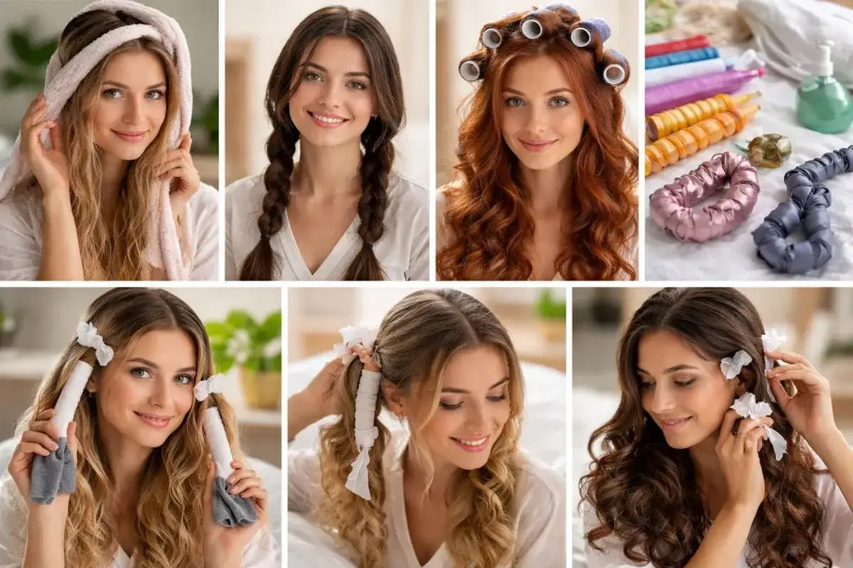 Mujeres mostrando diferentes métodos para conseguir pelo rizado: toalla, trenzas, rulos, y rodillos de seda.