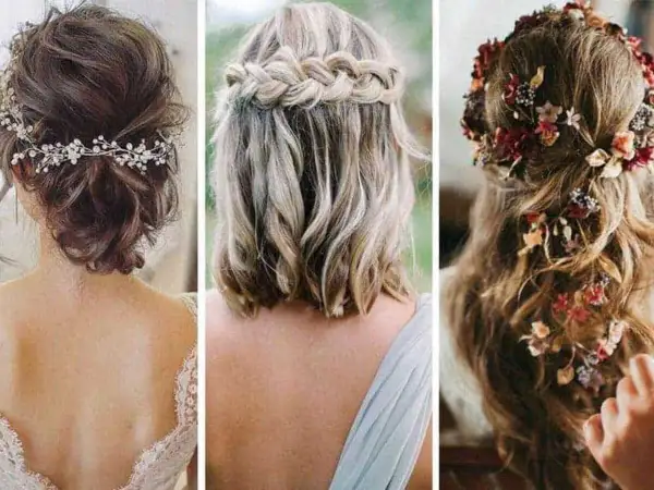 Tres estilos de recogidos elegantes para bodas: moño bajo con tiara, trenza de cascada y melena suelta con flores.
