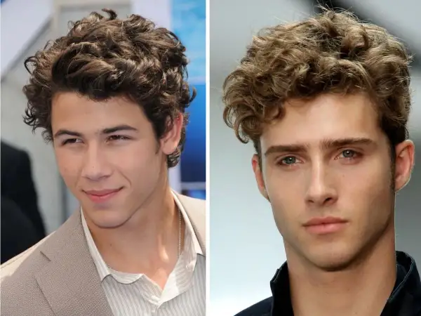 Dos hombres con estilosos cortes de pelo rizado hombre, uno con cabello castaño oscuro y otro con rubio.