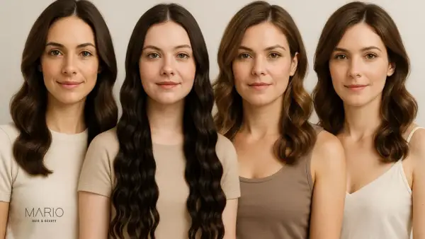 Cuatro mujeres lucen cabello largo con ondas creadas con plancha.