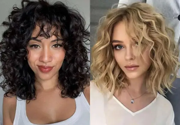 Dos mujeres con peinados pelo rizado media melena. Una con pelo oscuro y flequillo, la otra con pelo rubio ondulado.