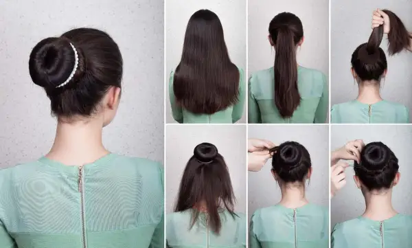 Tutorial paso a paso para crear un moño alto elegante. Cabello recogido en coleta, enrollado y asegurado con horquillas.