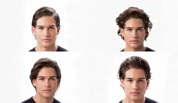 Hombre con pelo liso a rizado en cuatro estilos diferentes.