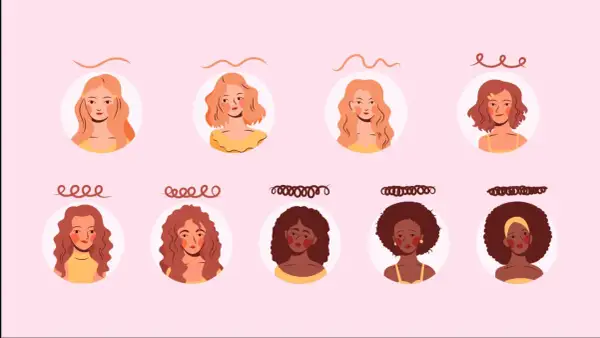 Ilustración de mujeres con diferentes tipos de cabello: liso, ondulado y rizado.