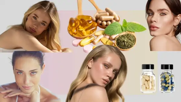 Mujeres con piel radiante junto a suplementos, incluyendo cápsulas y pastillas, sugiriendo beneficios para la piel, como el magnesio para la piel.